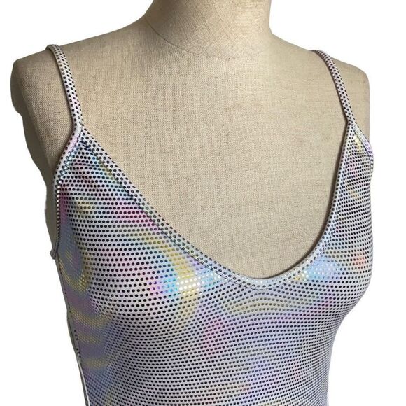 Holographic Mini Dress Tie Back, 80’s L.W. Sin-Sations body con sz s/m form fit - Picture 15 of 16